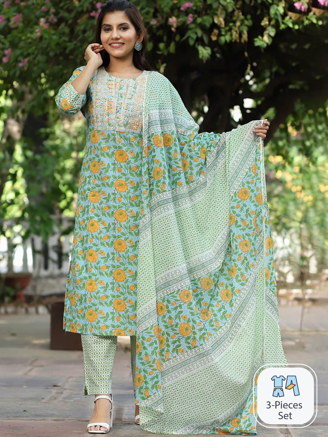 

misbis Floral Printed Embroidered Pure Cotton Kurta With Trousers & Dupatta, Green