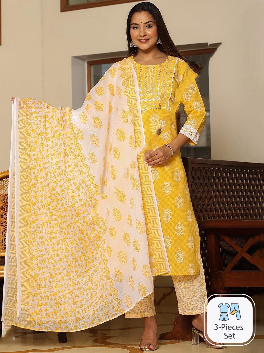

misbis Ethnic Motifs Printed Gotta Patti Pure Cotton Kurta with Trousers & With Dupatta, Yellow