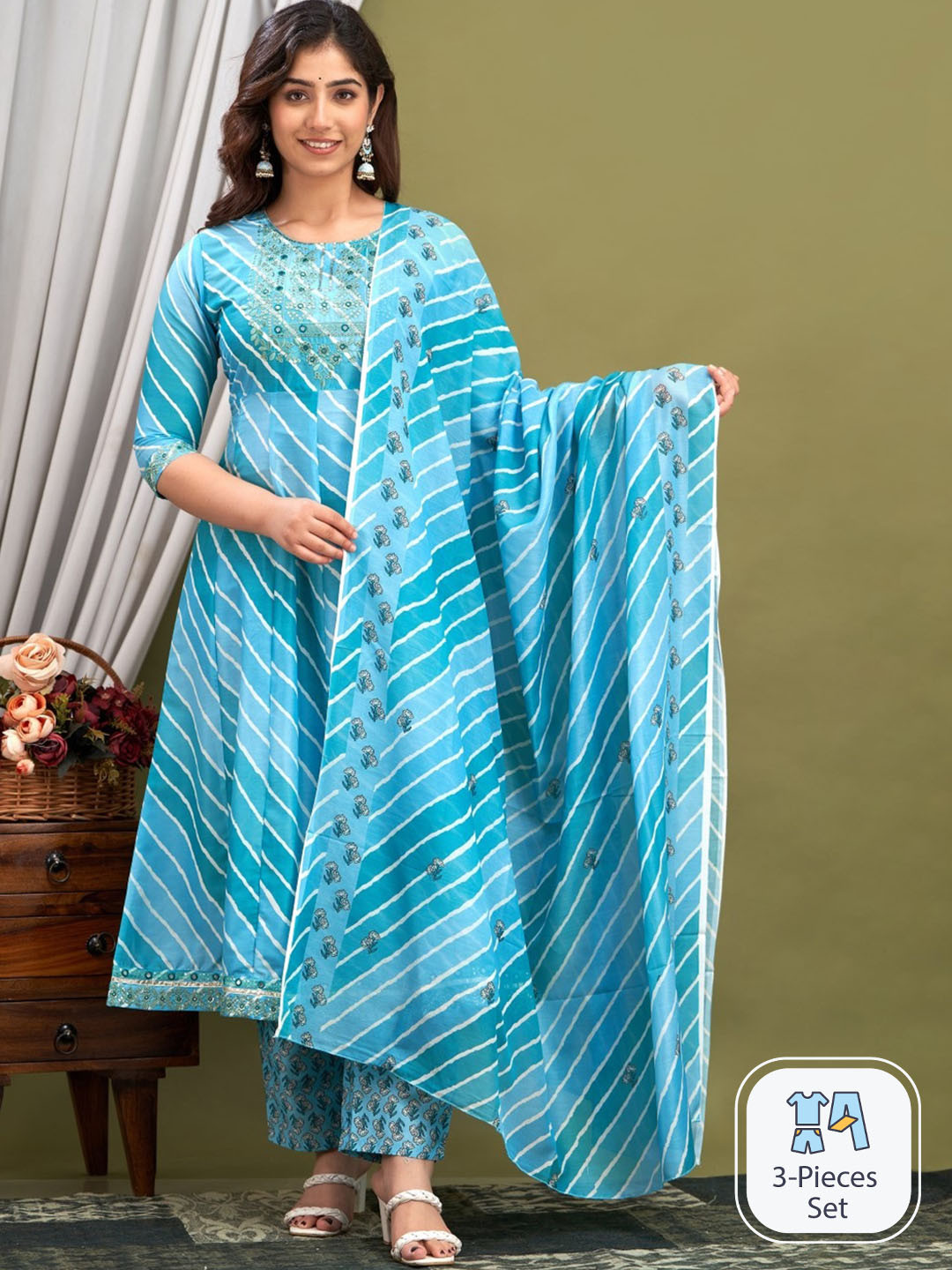 

DADNI FASHION Leheriya Striped Aari Work Pure Cotton Kurta & Trousers With Dupatta, Blue