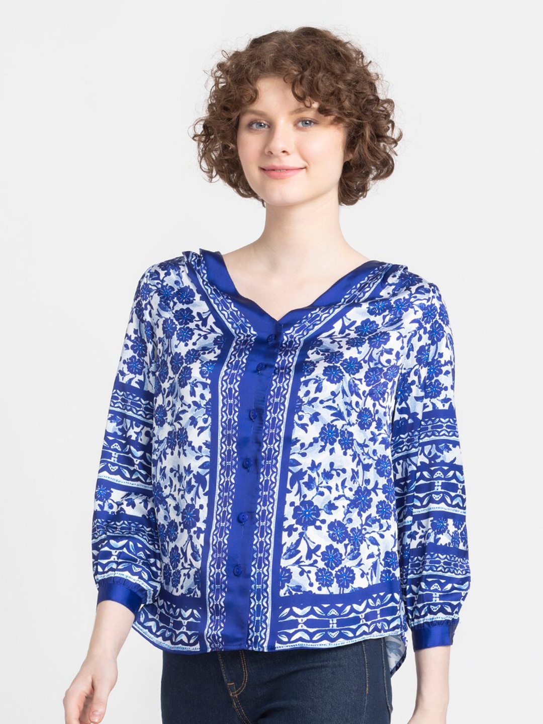 

SHAYE Floral Printed V-Neck Shirt Style Top, Blue