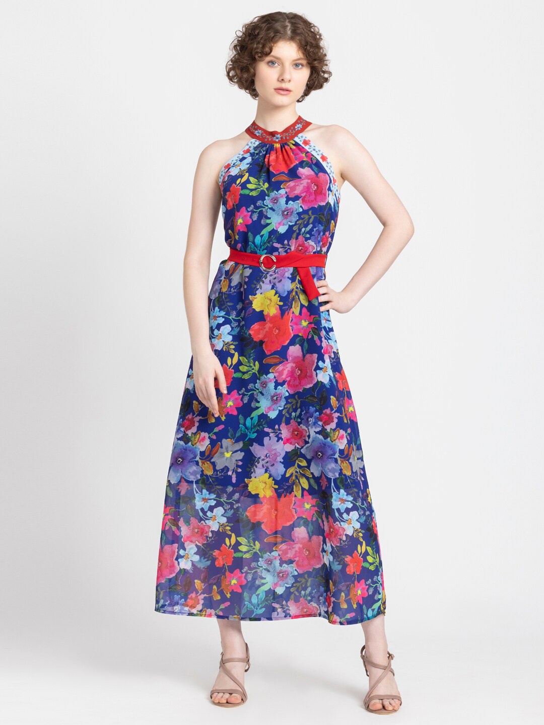 

SHAYE Floral Print Keyhole Neck Georgette Maxi Dress, Blue
