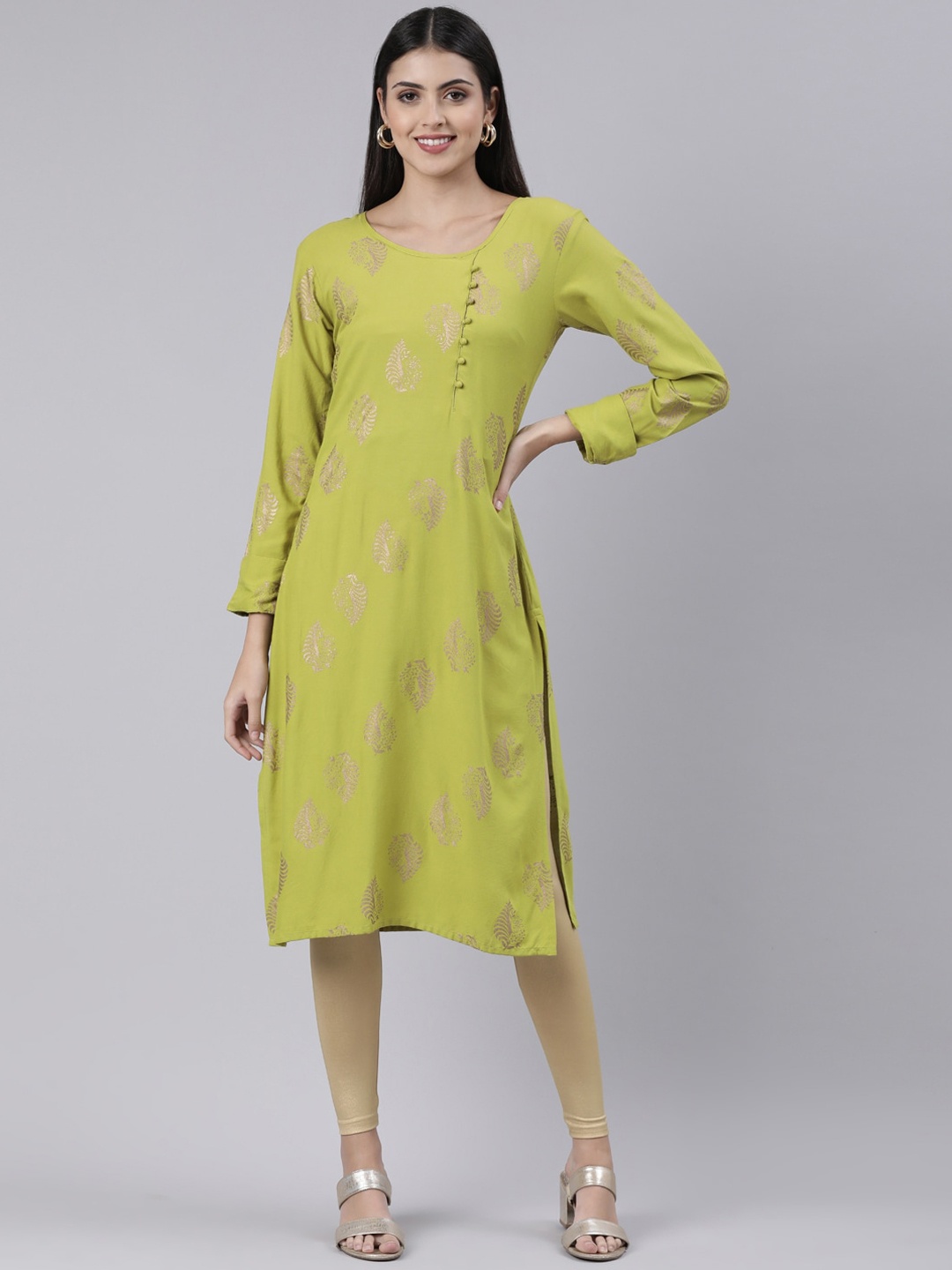 

Souchii Floral Printed Regular Straight Kurta, Olive