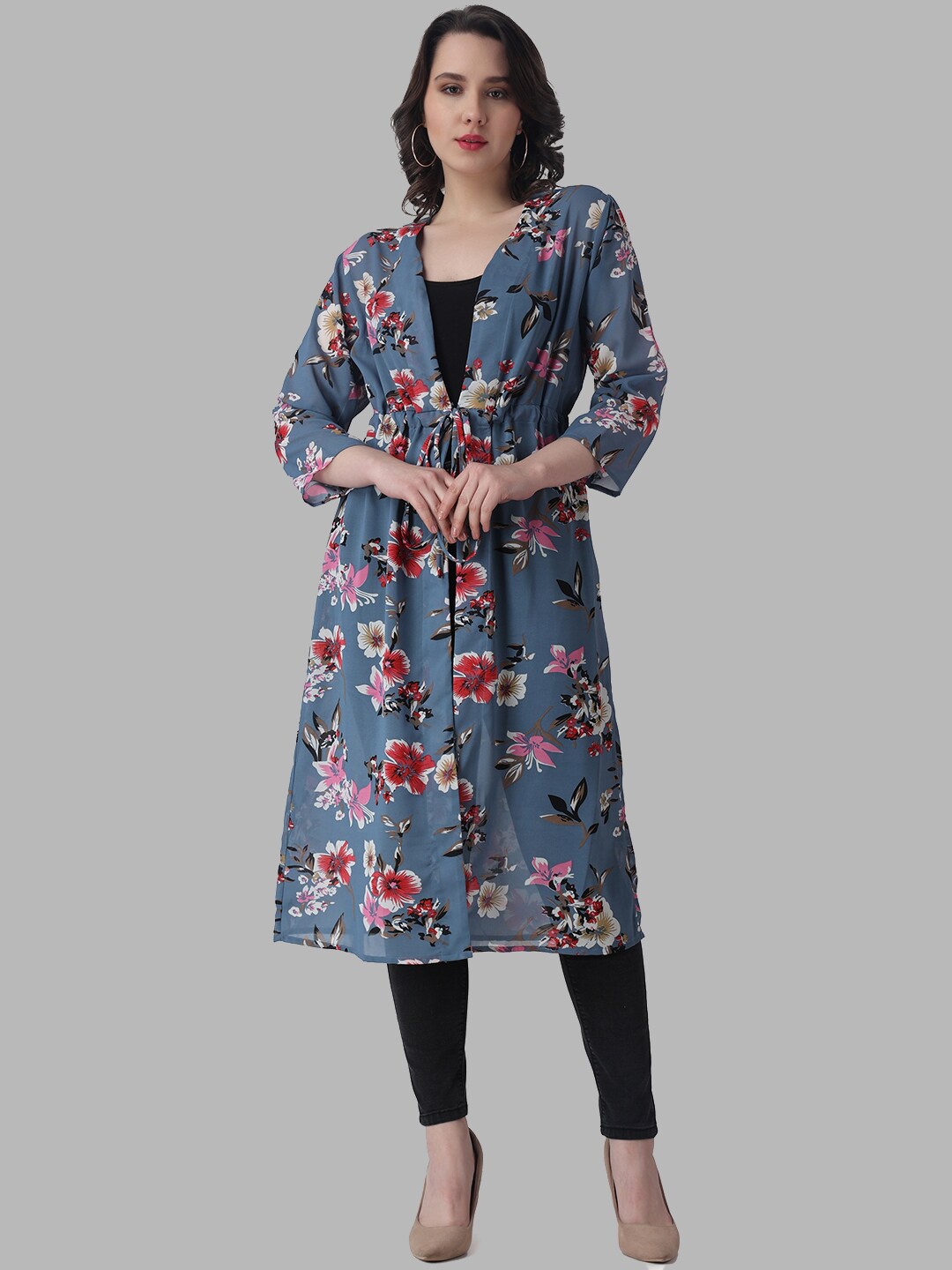 

COLOR STUDIO Floral Printed Longline Tie-Up Shrug, Blue