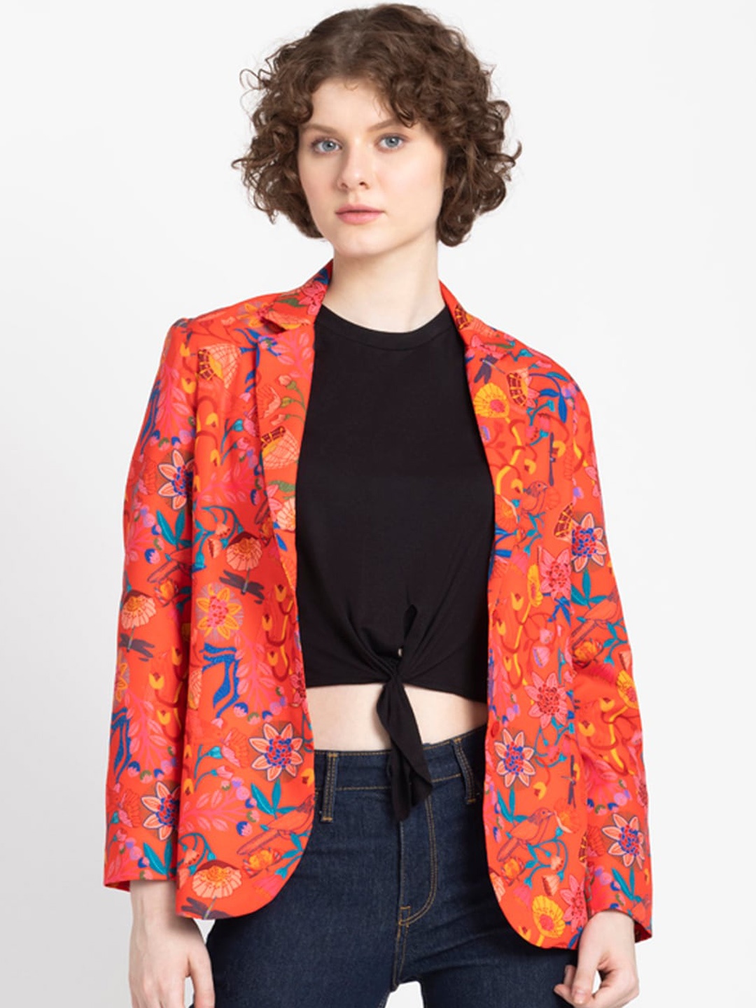 

SHAYE Floral Printed Notched Lapel Double-Breasted Casual Blazer, Red