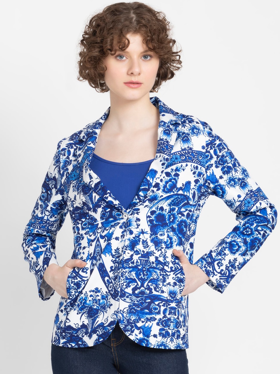 SHAYE Floral Printed Notched Lapel Double-Breasted Casual Blazer, Blue