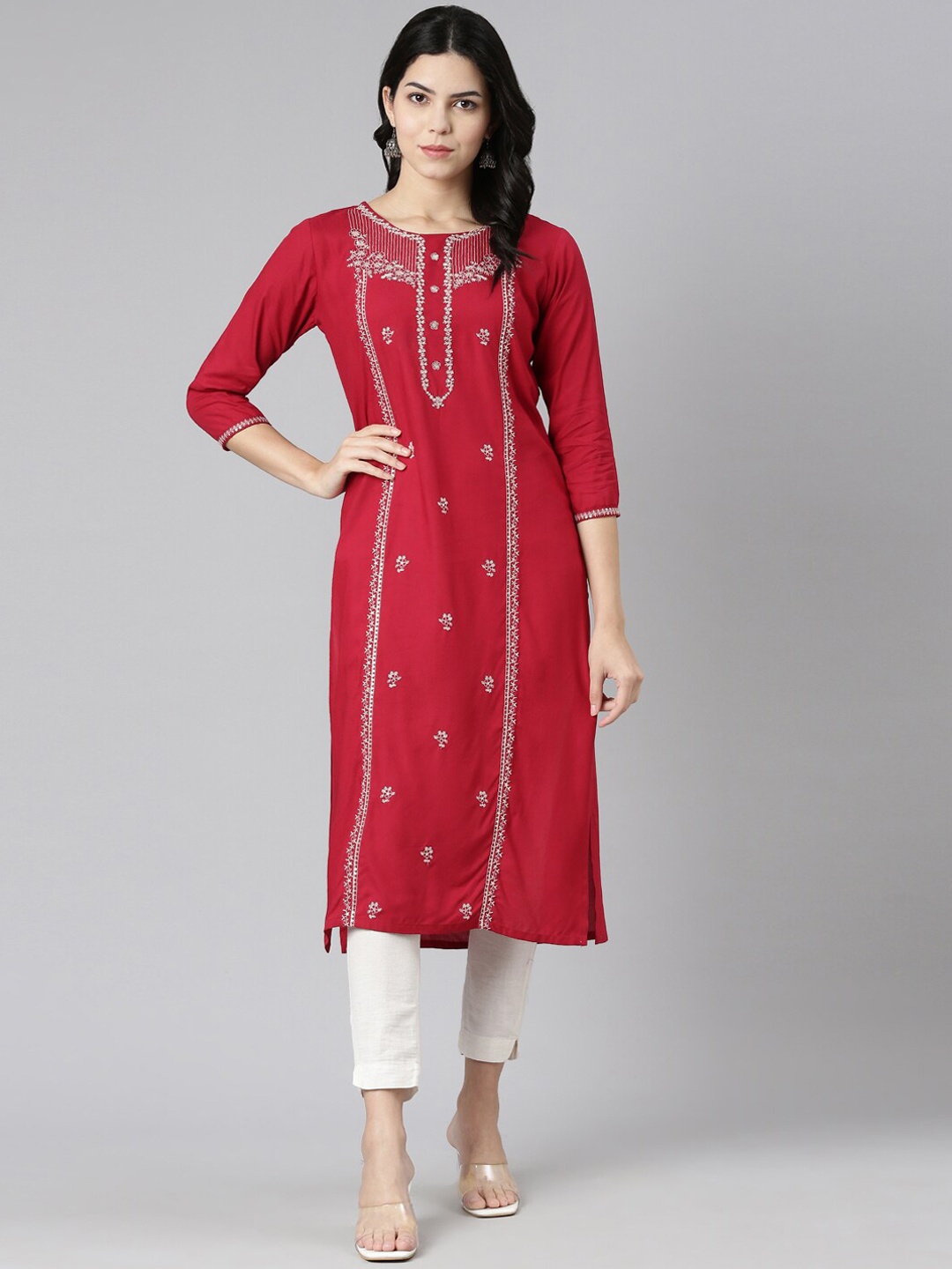 

Neerus Floral Embroidered Sequined Straight Kurta, Red