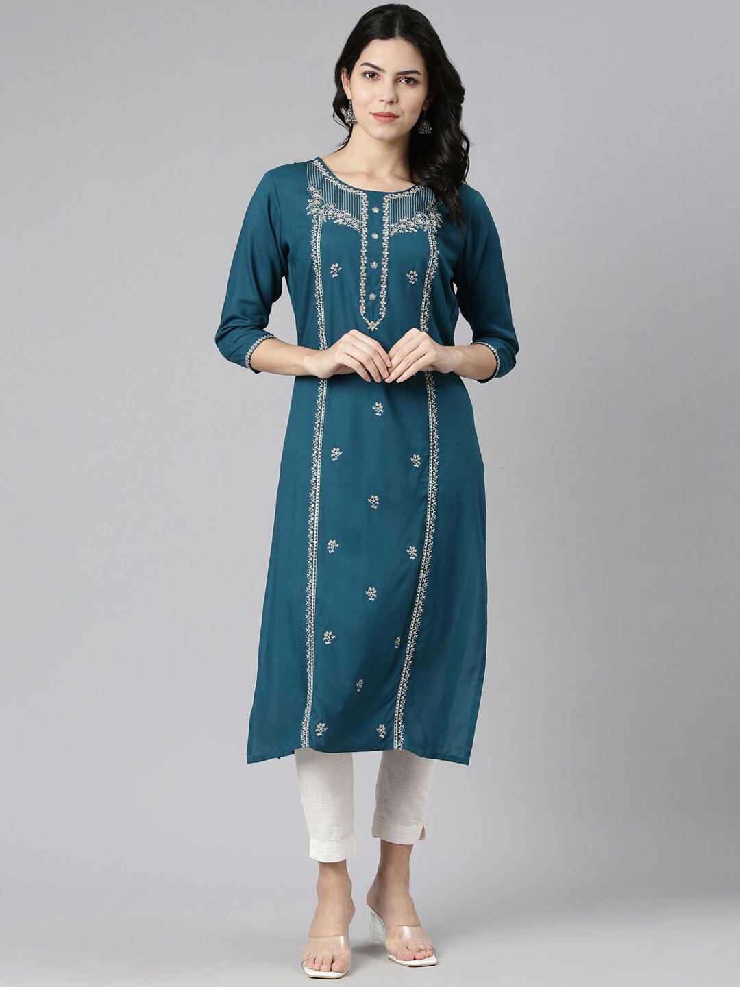 

Neerus Floral Embroidered Sequined Straight Kurta, Teal