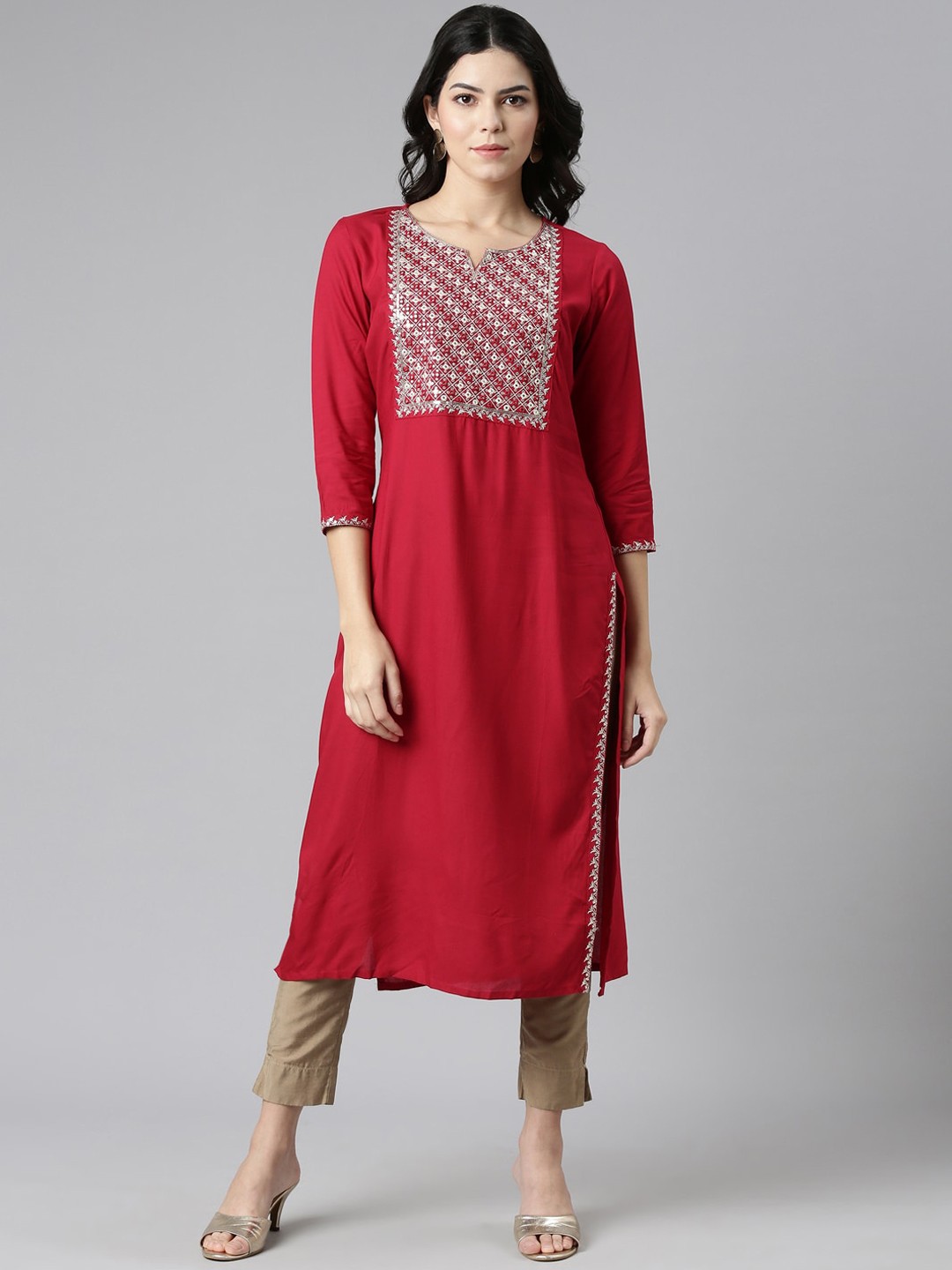 

Neerus Ethnic Motifs Yoke Design Thread Work Kurta, Red