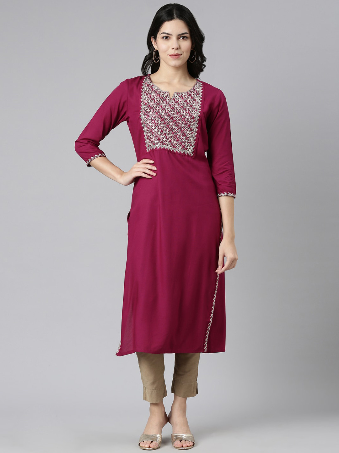 

Neerus Floral Embriodered Yoke Design Straight Kurta, Purple