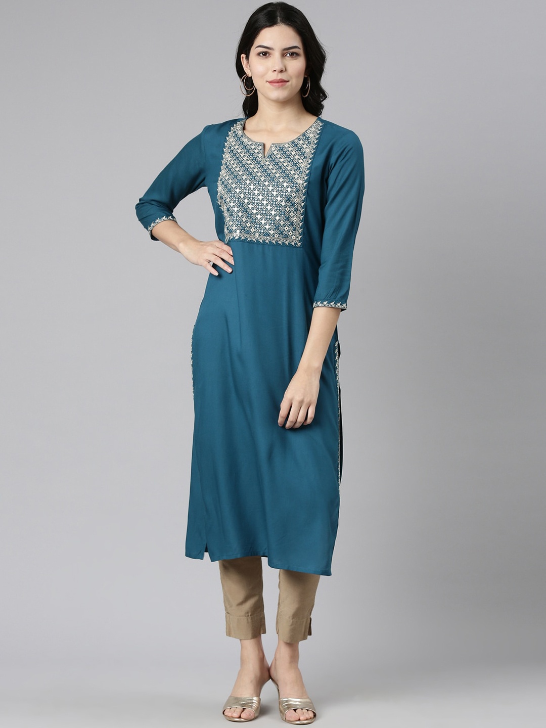 

Neerus Floral Embriodered Yoke Design Straight Kurta, Green