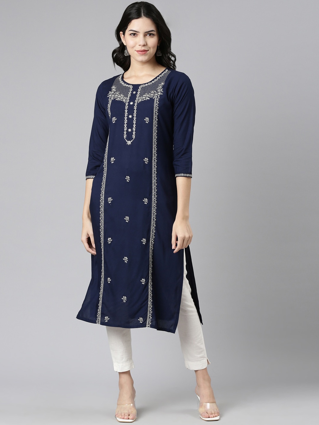 

Neerus Floral Embroidered Thread Work Straight Kurta, Navy blue