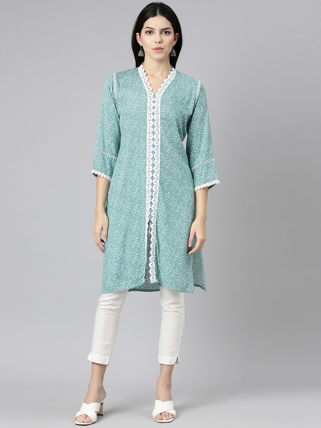 

Neerus Abstract Printed Straight Kurta, Sea green