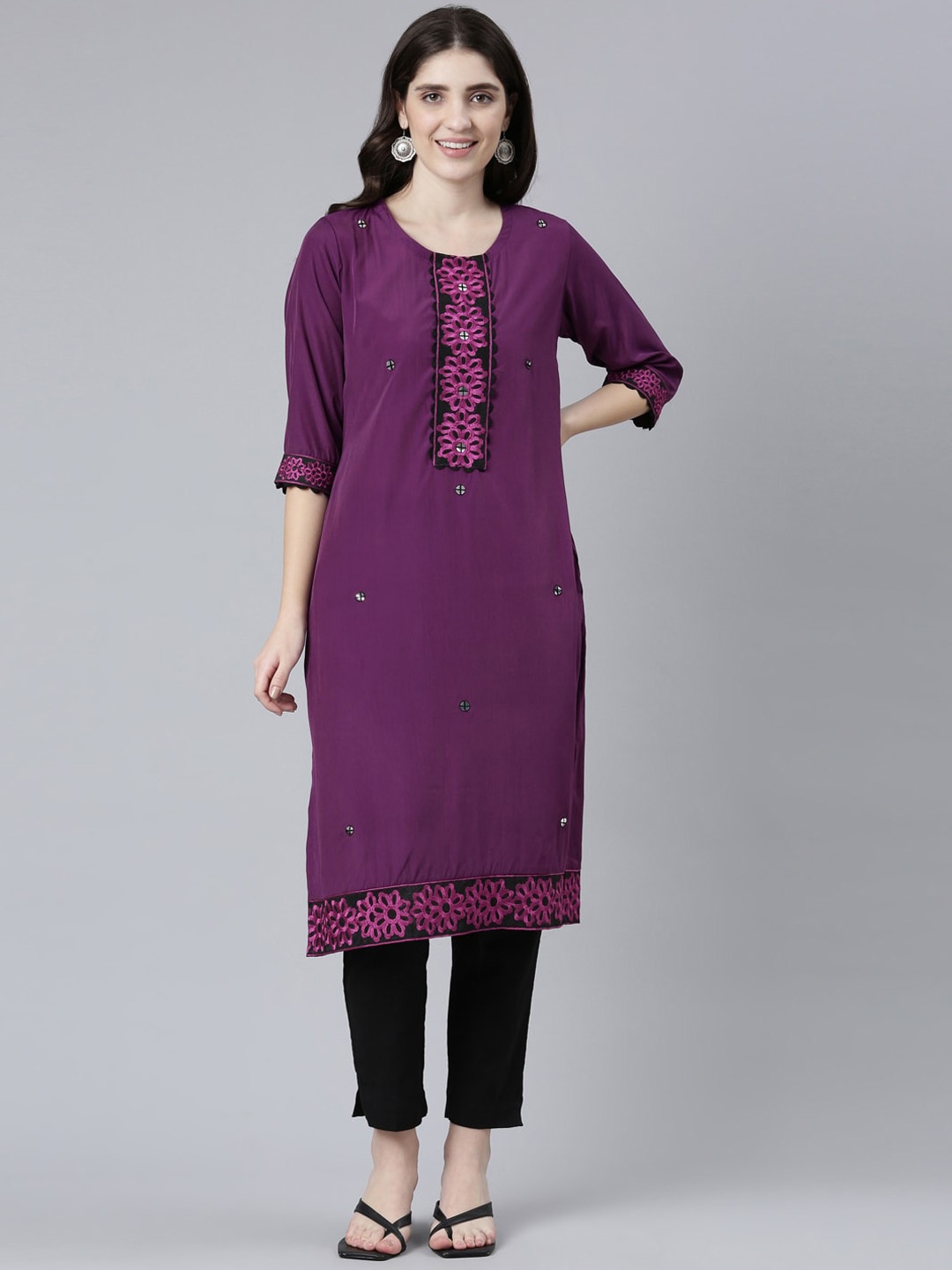 

Neerus Floral Embroidered Mirror Work Straight Kurta, Purple