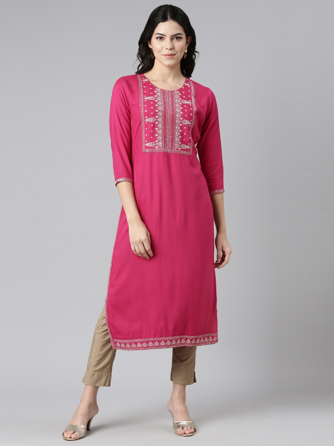 

Neerus Floral Yoke Design Sequinned Straight Kurta, Pink