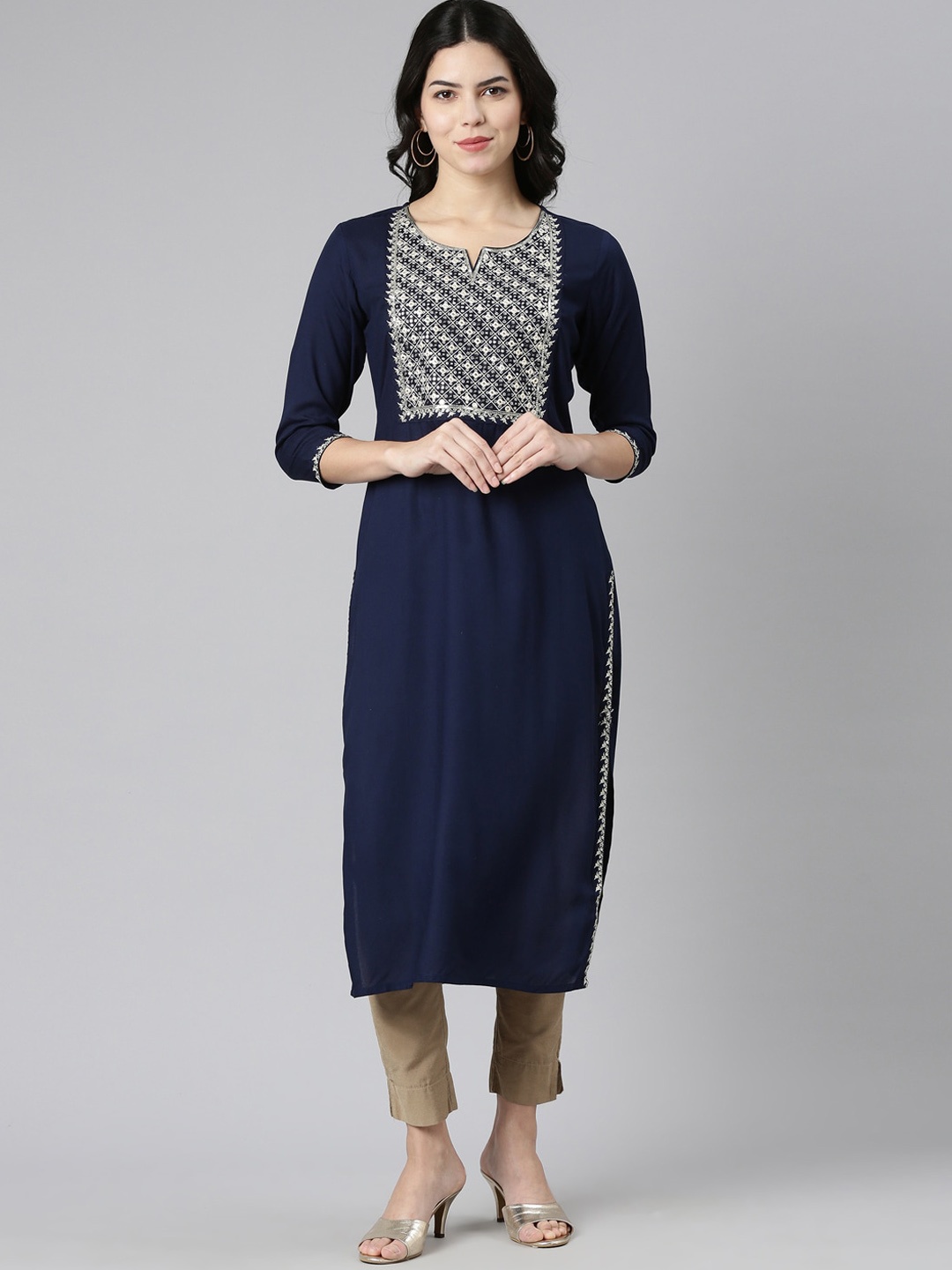 

Neerus Floral Yoke Design Thread Work Straight Kurta, Navy blue