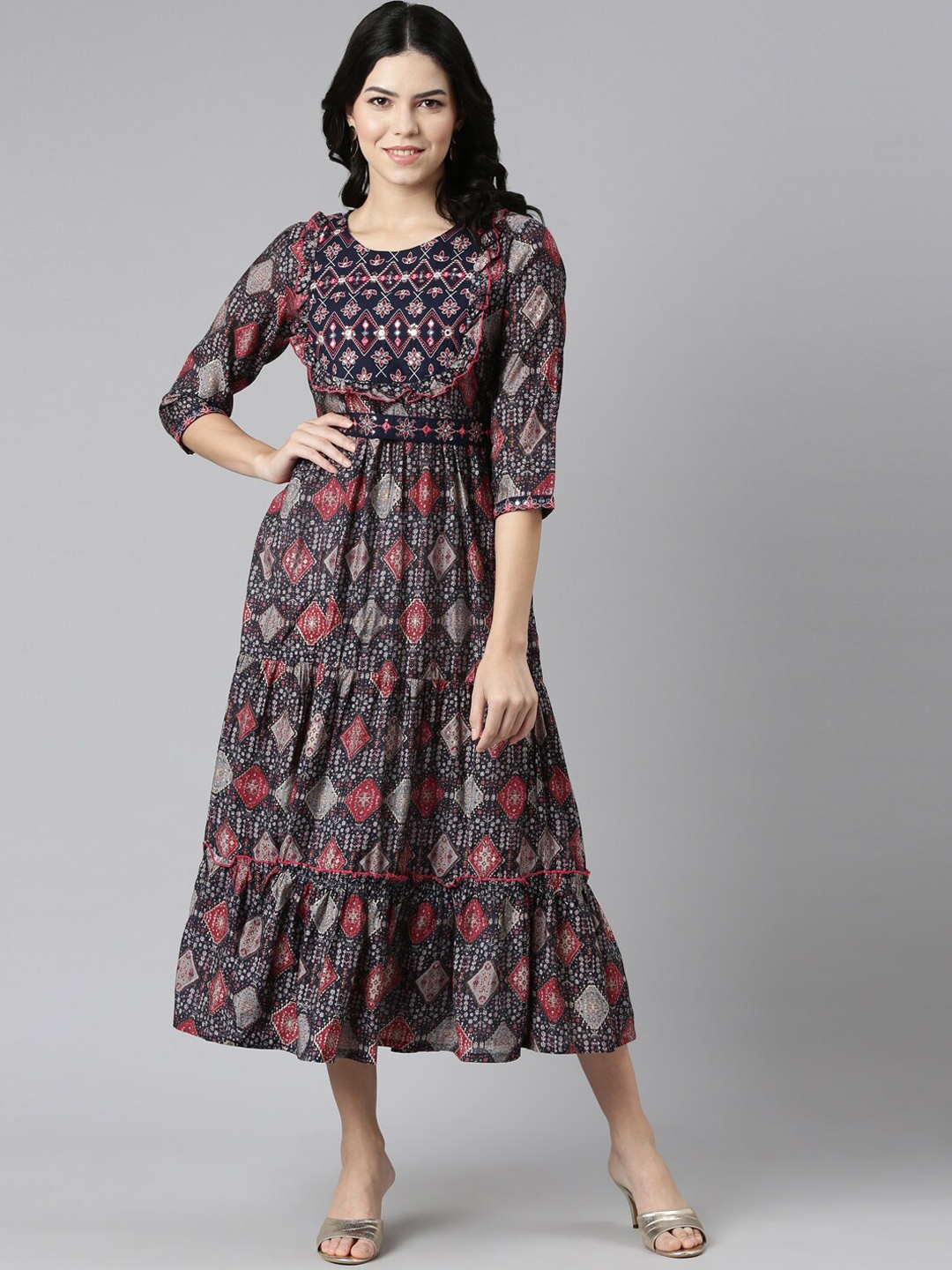 

Neerus Ethnic Motifs Printed Fit & Flare Midi Ethnic Dresses, Navy blue