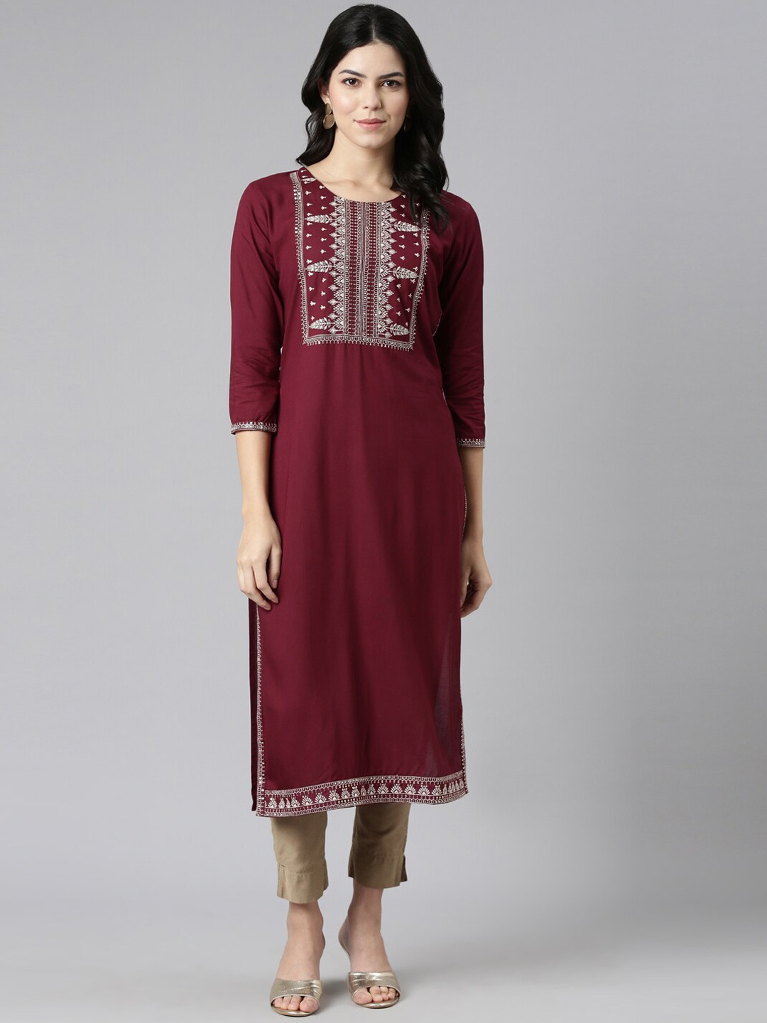 

Neerus Floral Yoke Design Sequinned Straight Kurta, Maroon