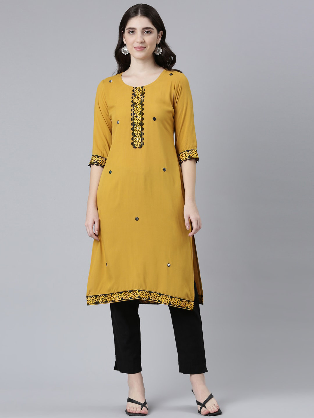 

Neerus Floral Embroidered Thread Work Straight Kurta, Mustard