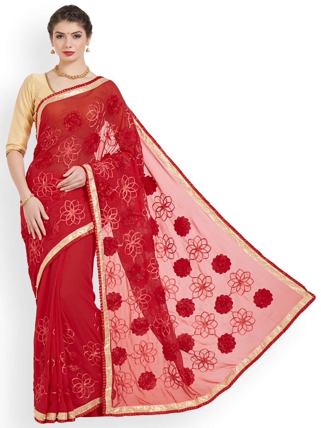 

Kvsfab Red & Gold-Toned Pure Georgette Embellished Saree