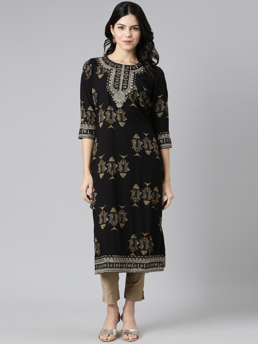 

Neerus Abstract Printed Thread Work Kurta, Black