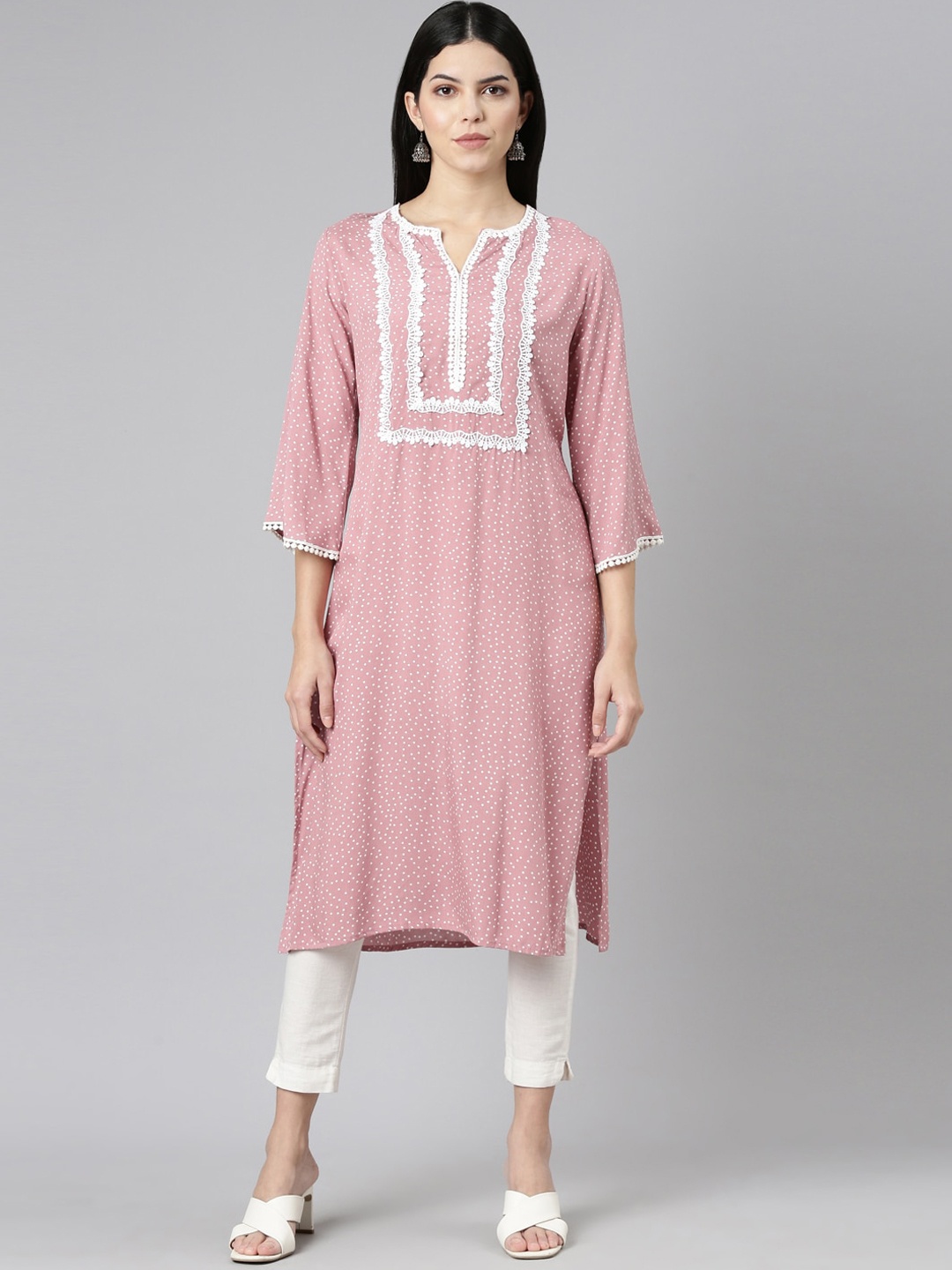 

Neerus Polka Dots Printed Yoke Lace Up Flared Sleeves Straight Kurta, Pink