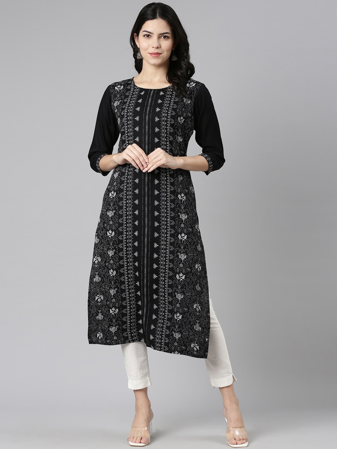 

Neerus Ethnic Motifs Printed Round Neck Straight Kurta, Black