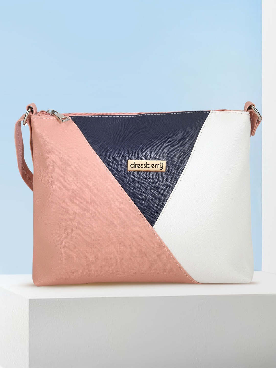 

DressBerry Colourblocked Structured Sling Bag With Applique, Peach