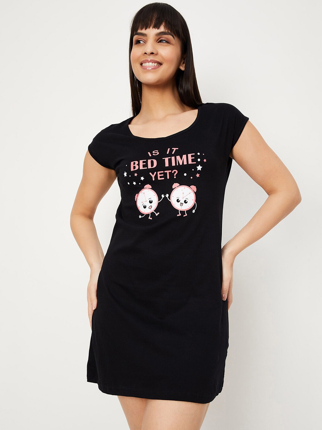 

max Typography Printed Pure Cotton Nightdress, Black