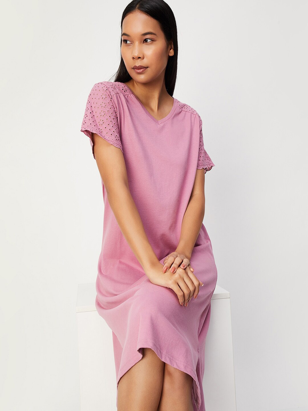 

max Round Neck Pure Cotton Nightdress, Purple