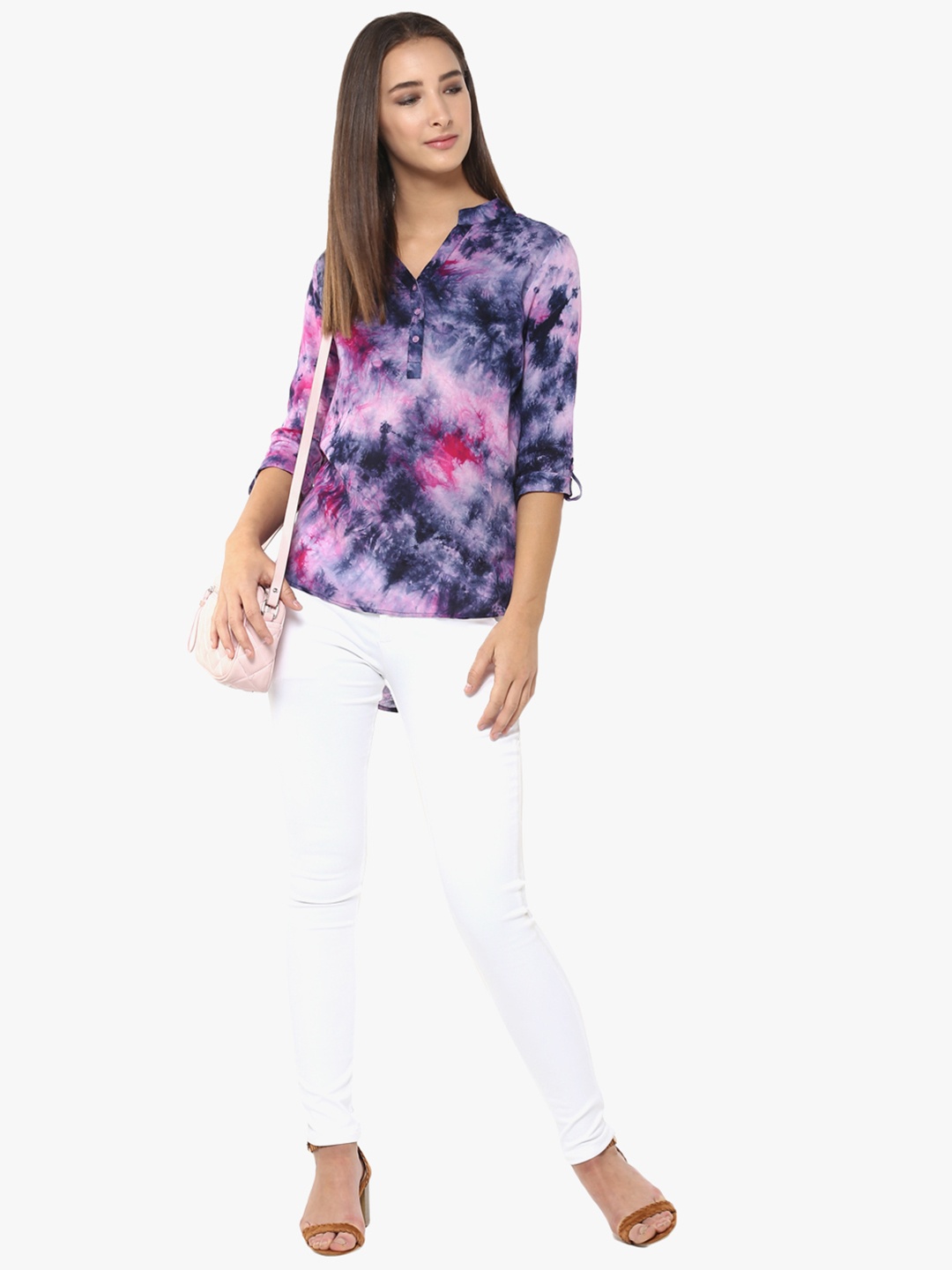 

Crimsoune Club Tie & Dye Band Collar Roll-Up Sleeves Cotton Shirt Style Top, Pink