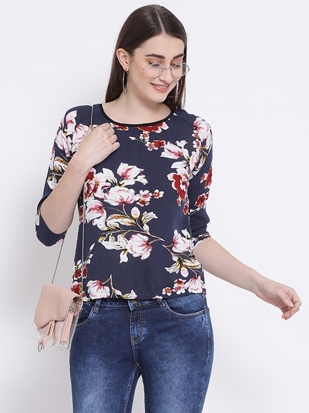 

Crimsoune Club Floral Printed Round Neck Cotton Casual Top, Navy blue