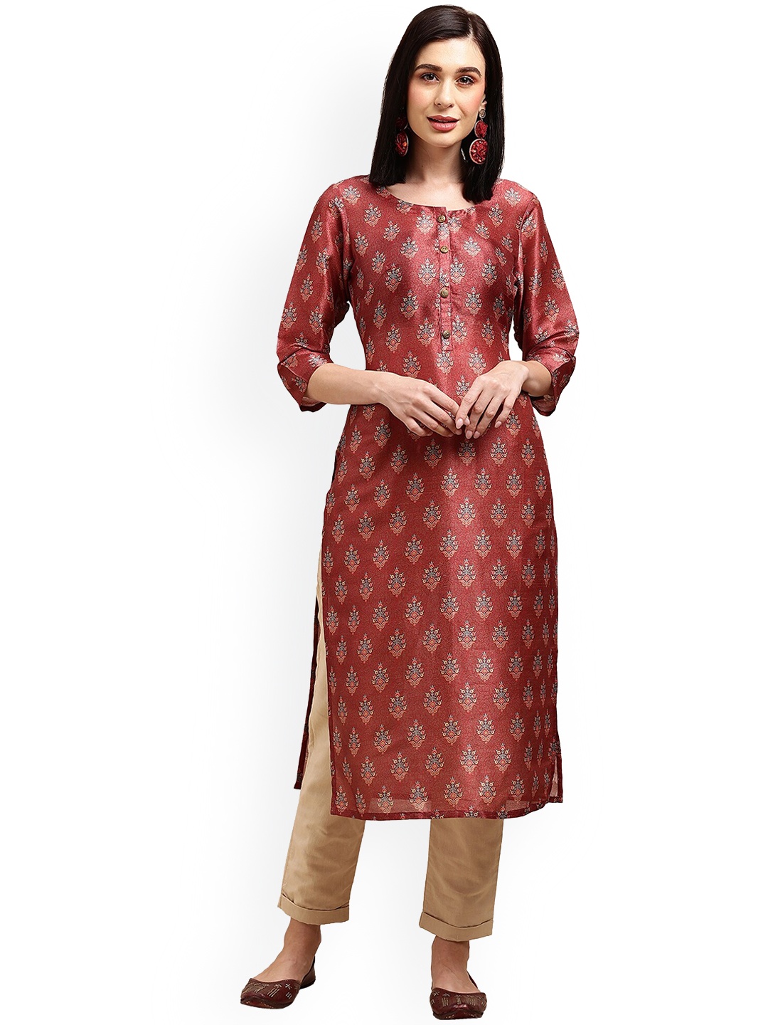 

Nimayaa Ethnic Motifs Printed Chanderi Silk Straight Kurta, Maroon
