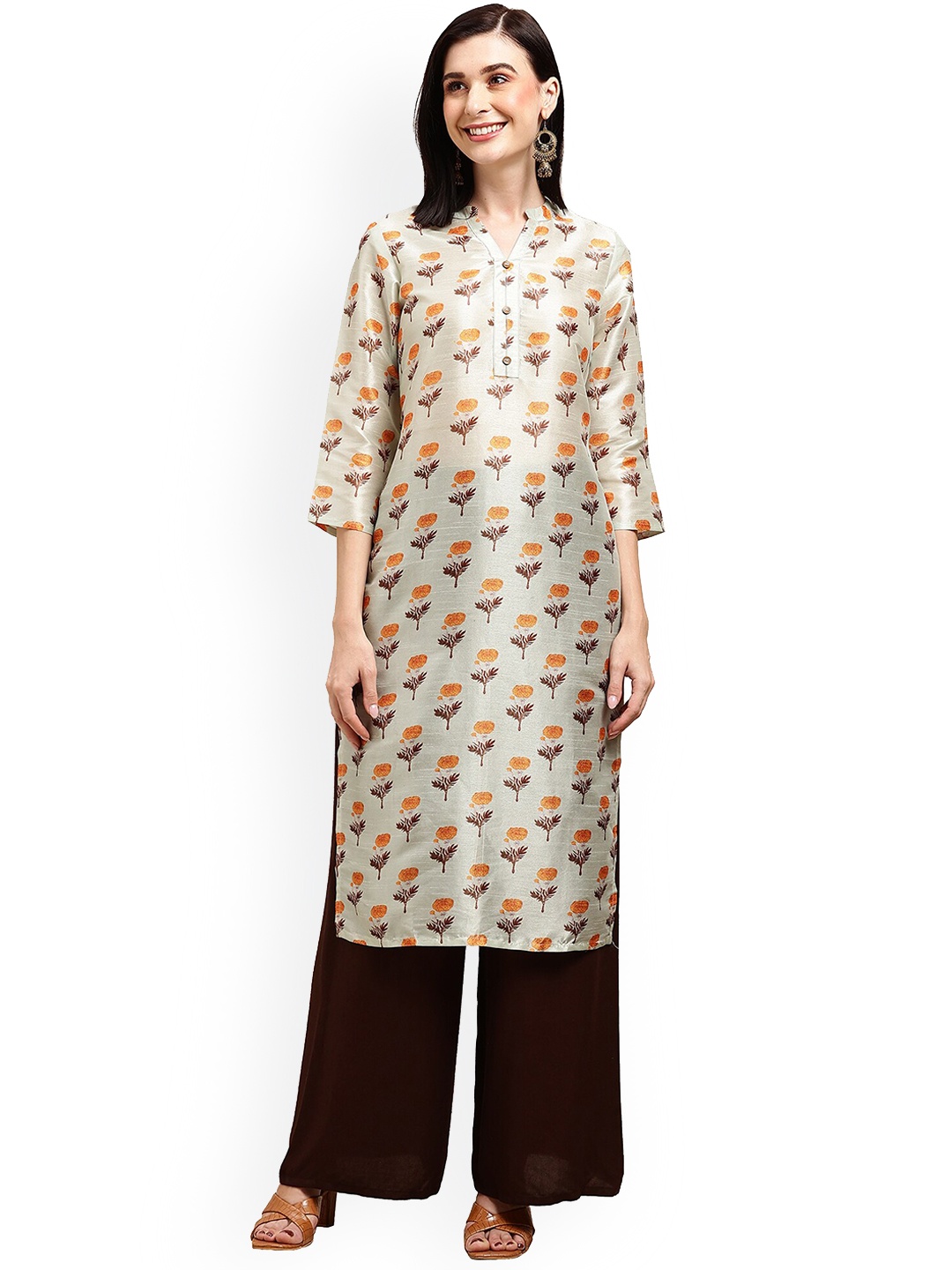 

Nimayaa Floral Printed Band Collar Silk Kurta, Green