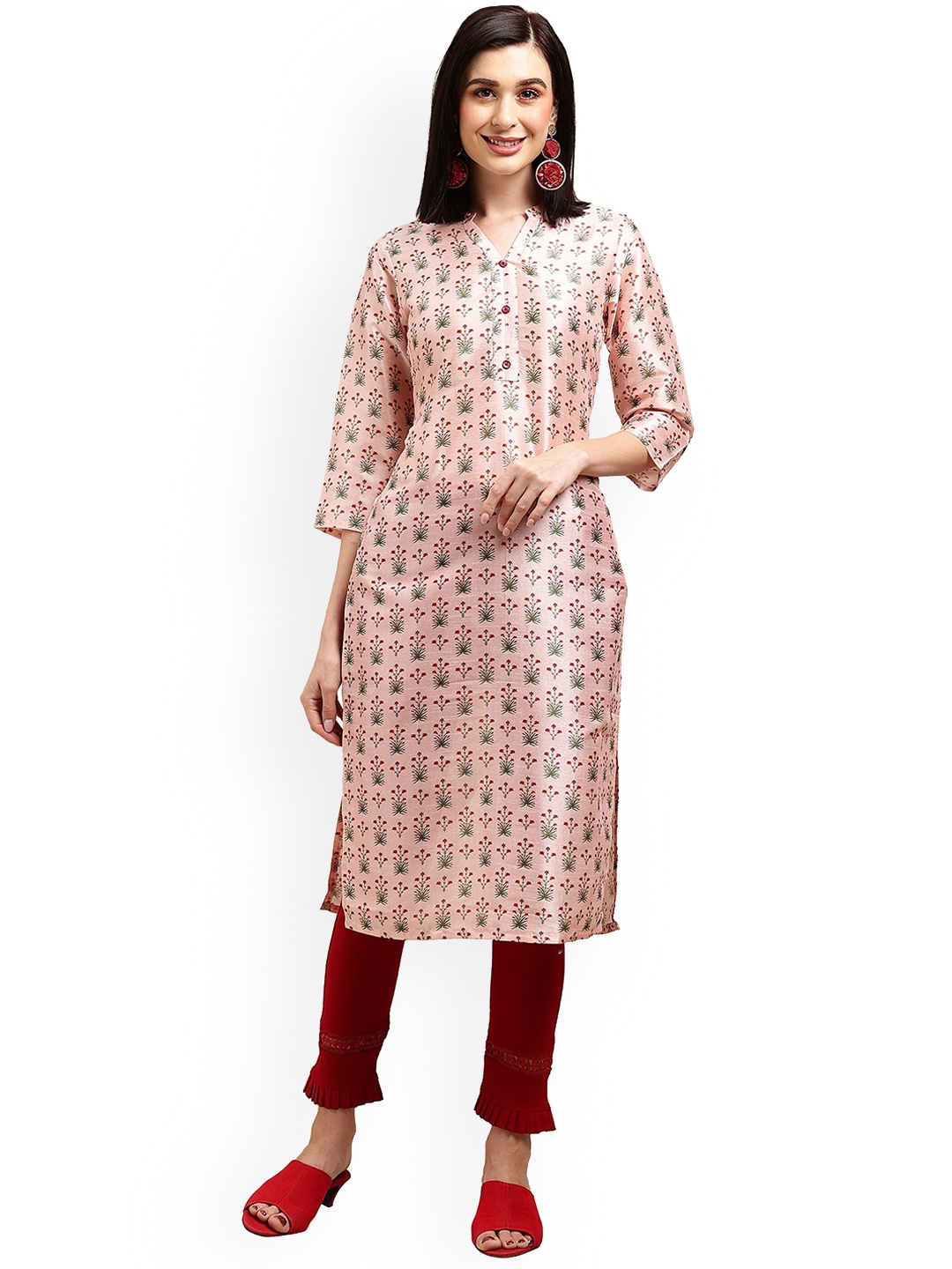 

Nimayaa Floral Printed Band Collar Silk Kurta, Peach