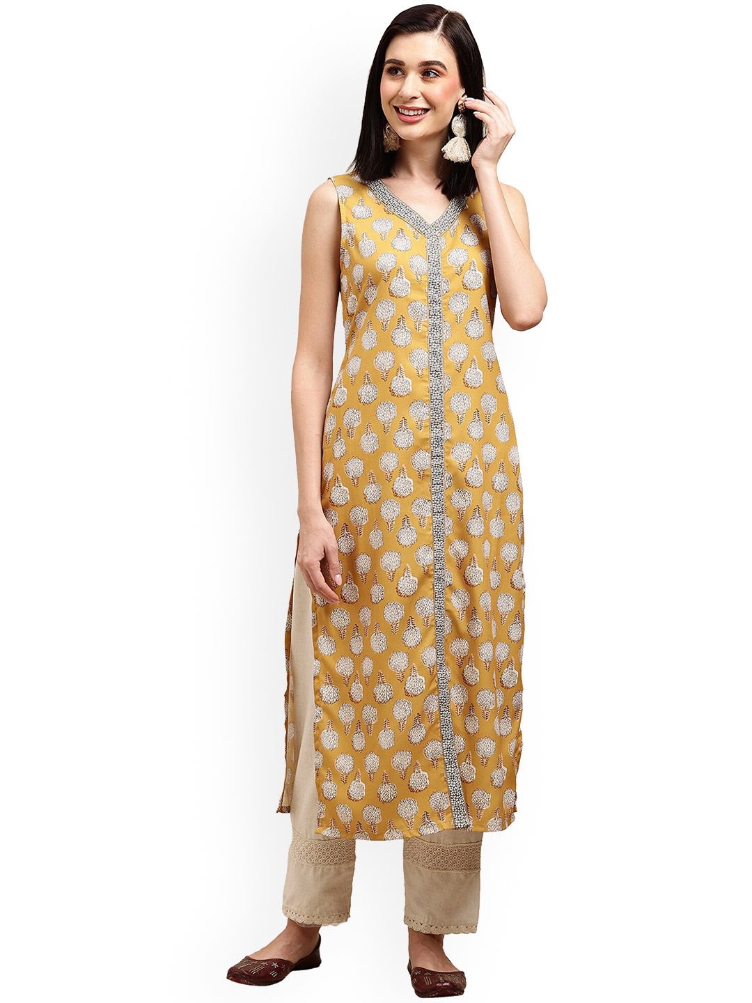

Nimayaa Mustard Yellow Floral Printed Straight Crepe Kurta