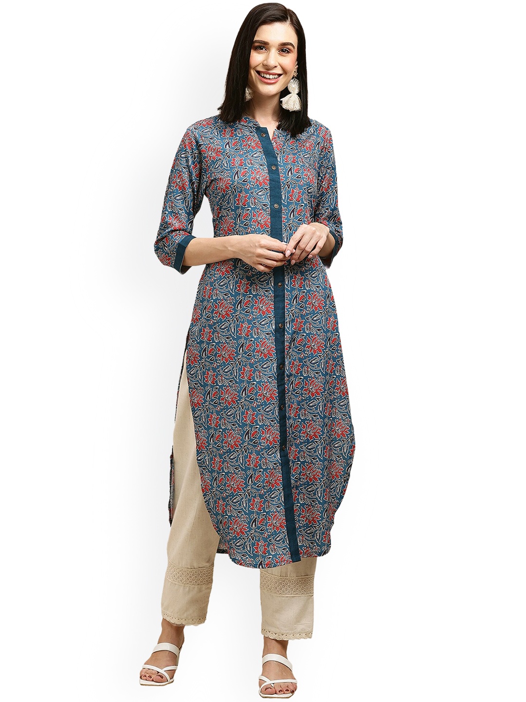 

Nimayaa Floral Printed Band Collar Kurta, Blue