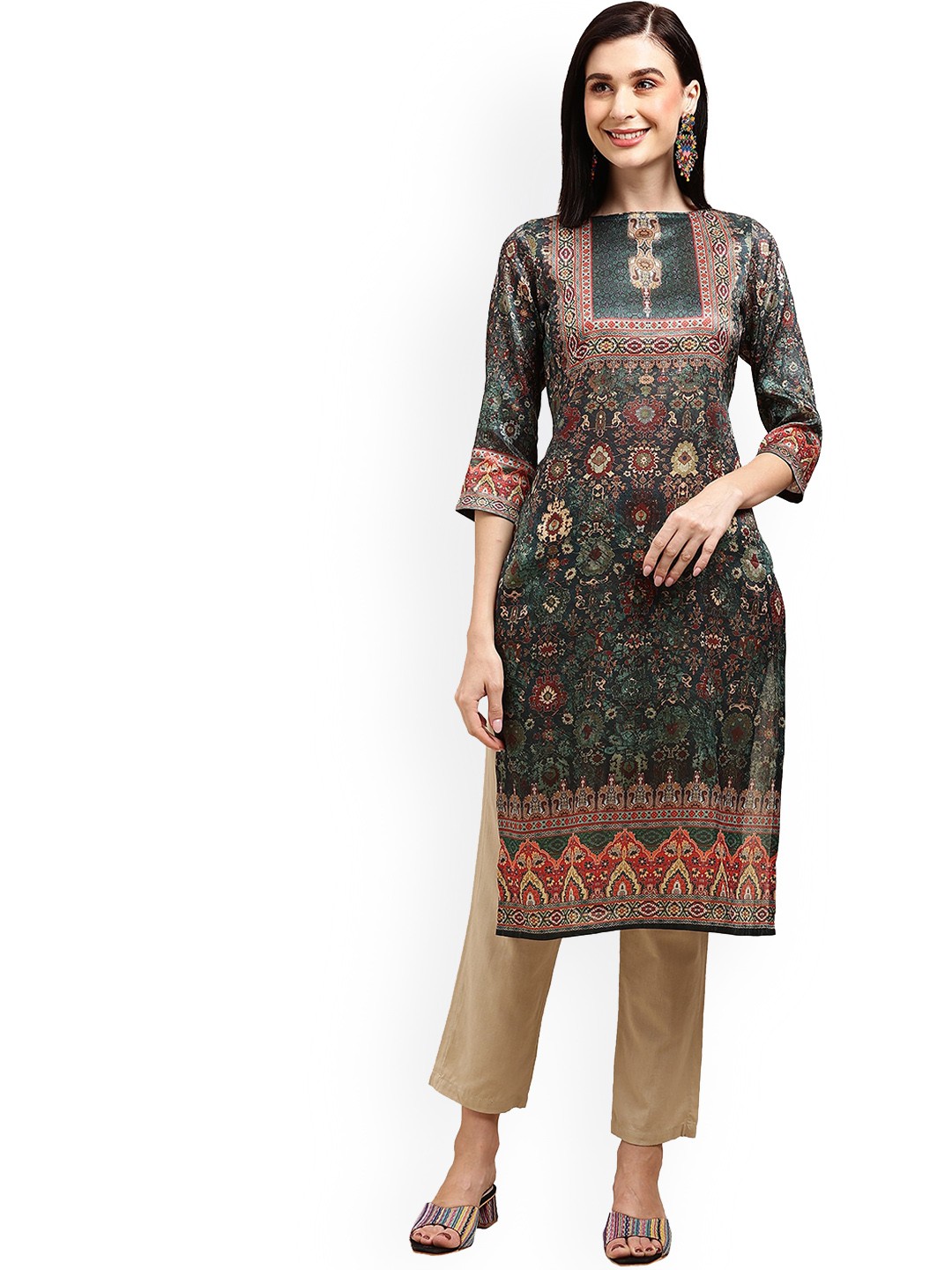 

Nimayaa Floral Printed Boat Neck Silk Kurta, Olive