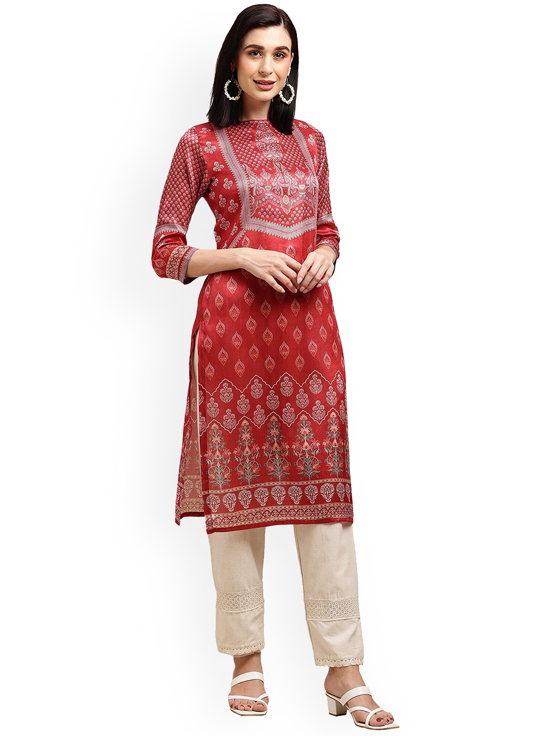 

Nimayaa Ethnic Motifs Printed Boat Neck Chanderi Silk Kurta, Red