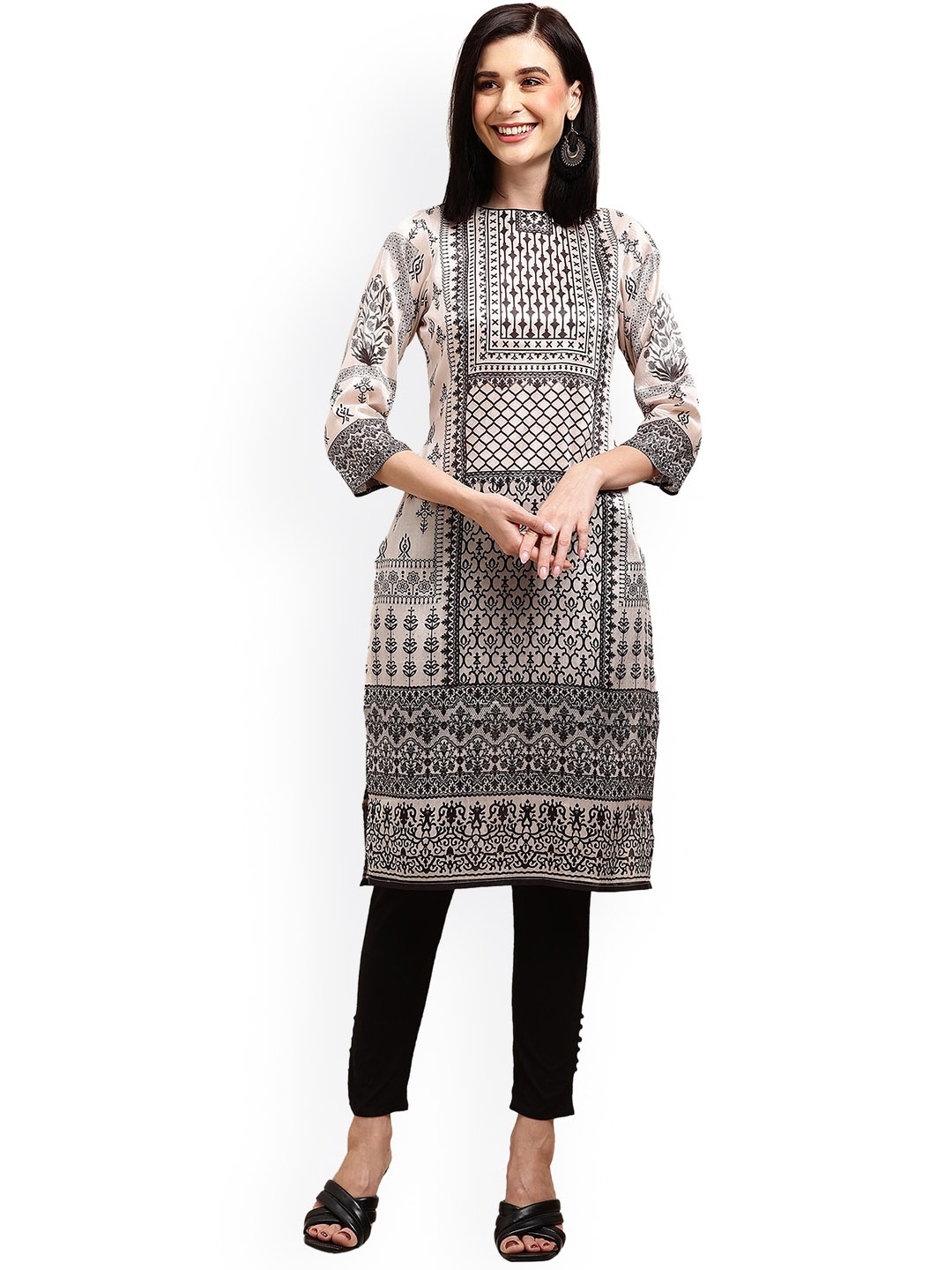 

Nimayaa Ethnic Motifs Printed Boat Neck Chanderi Silk Kurta, Off white