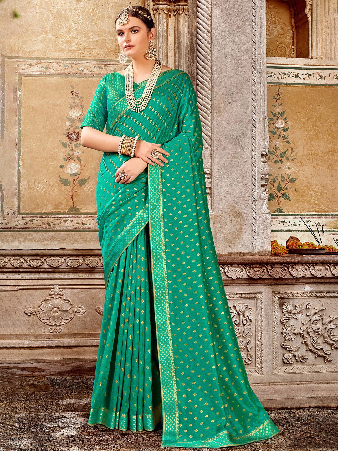 

KALINI Ethnic Motifs Woven Design Zari Saree, Sea green