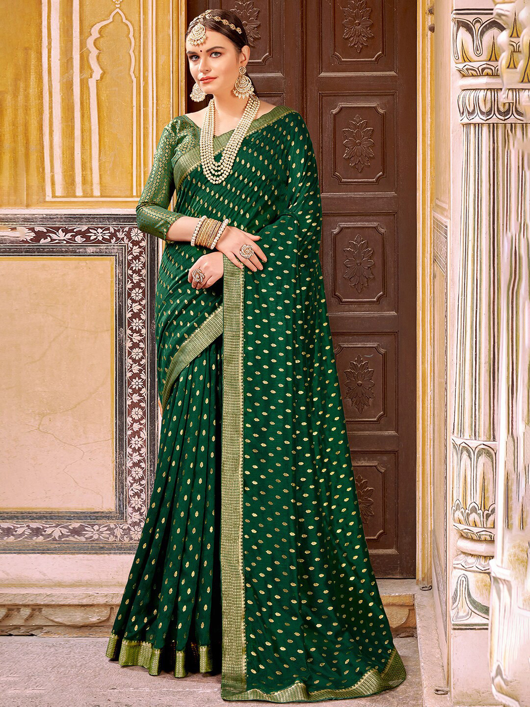 

KALINI Ethnic Motifs Woven Design Zari Saree, Green