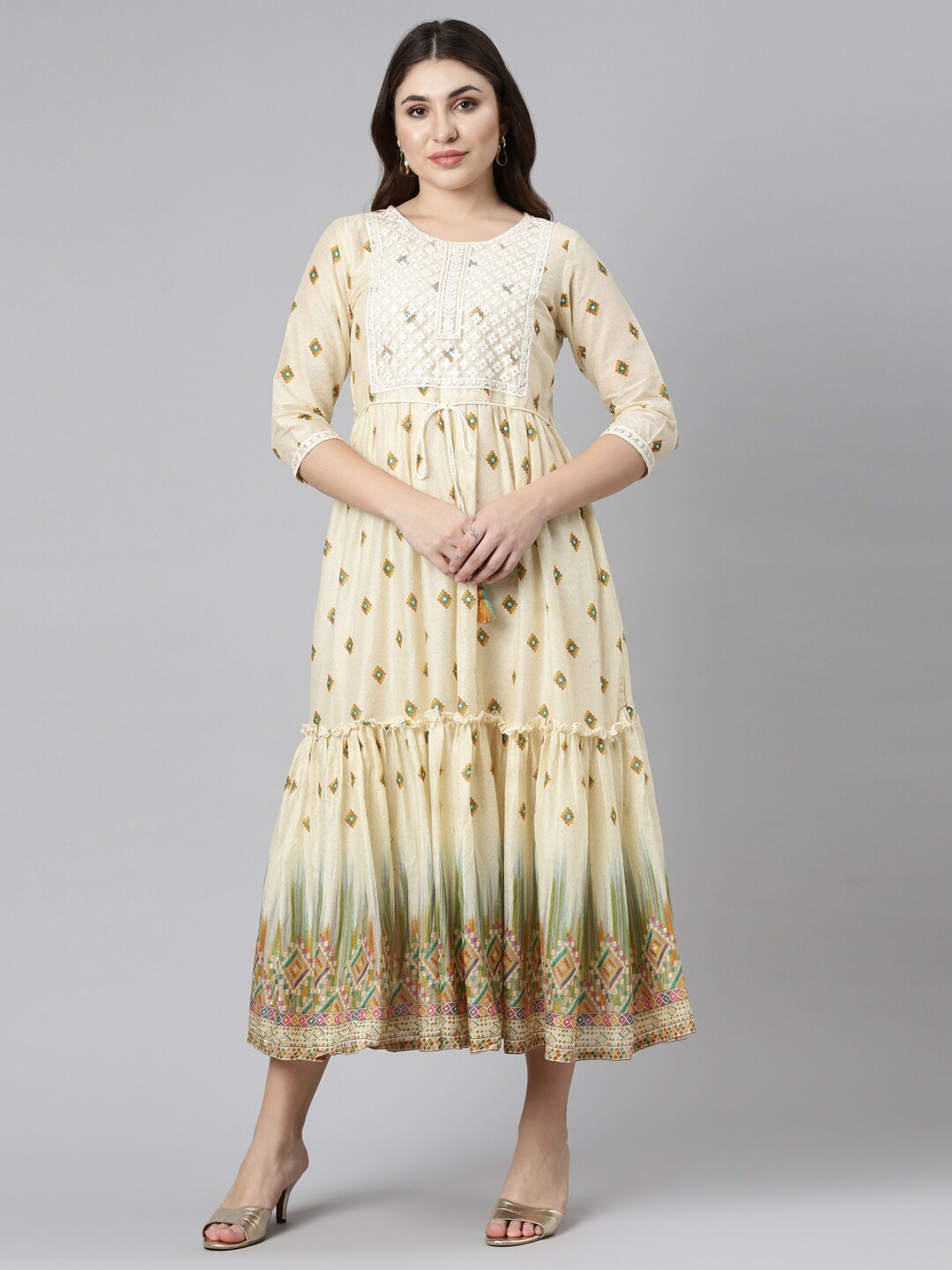 

Neerus Ethnic Motifs Printed Embroidered Tiered Cotton A-Line Ethnic Dress, Mustard