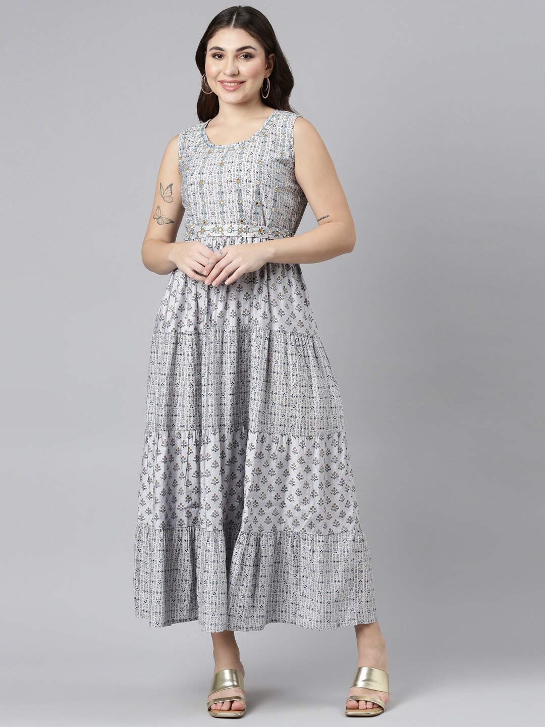 

Neerus Lavender Ethnic Printed Mirror Work Belted Tiered Maxi Fit & Flare Ethnic Dress