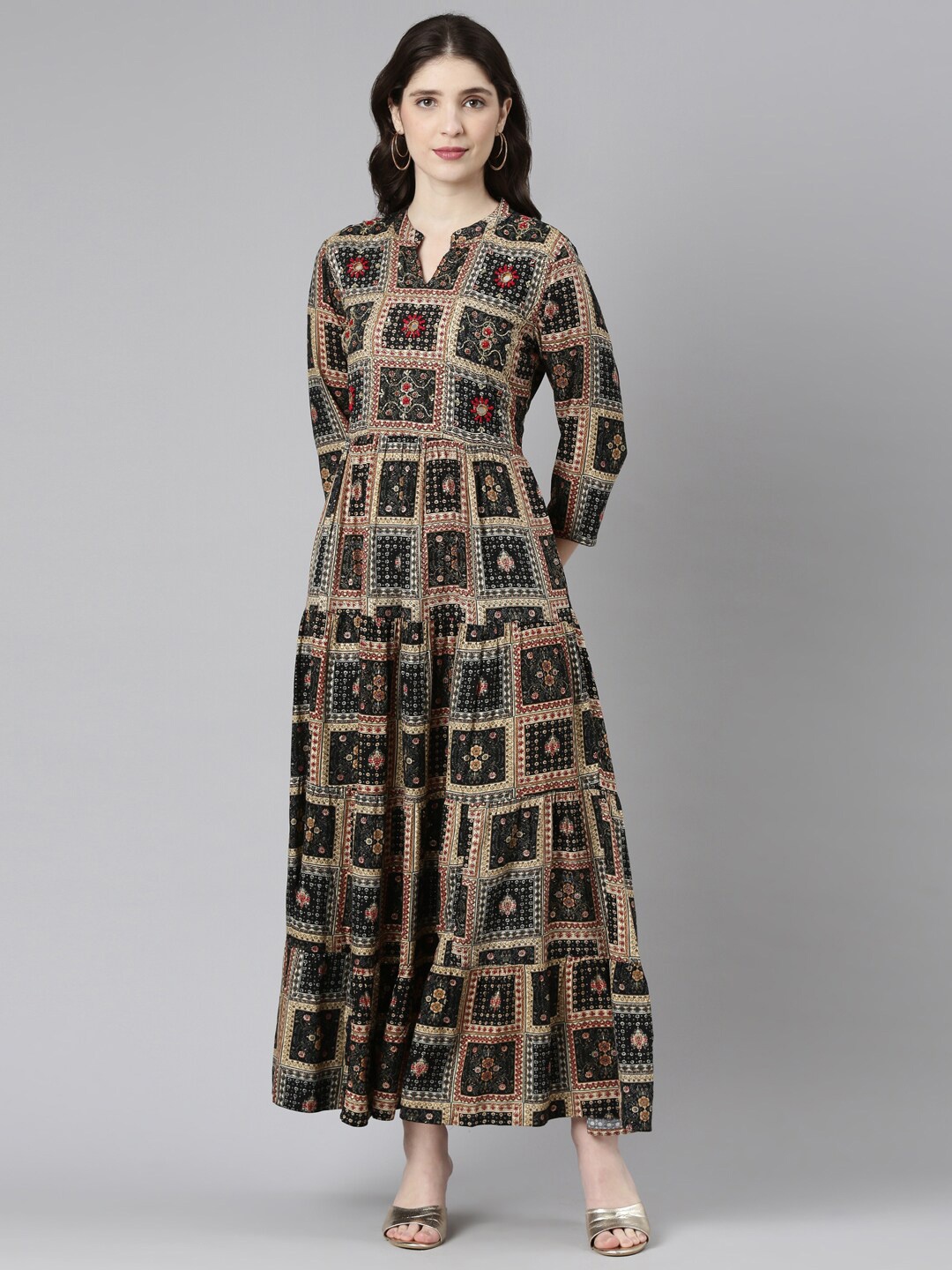 

Neerus Ethnic Motifs Printed Mandarin Collar Gathered Maxi Fit & Flare Ethnic Dress, Black