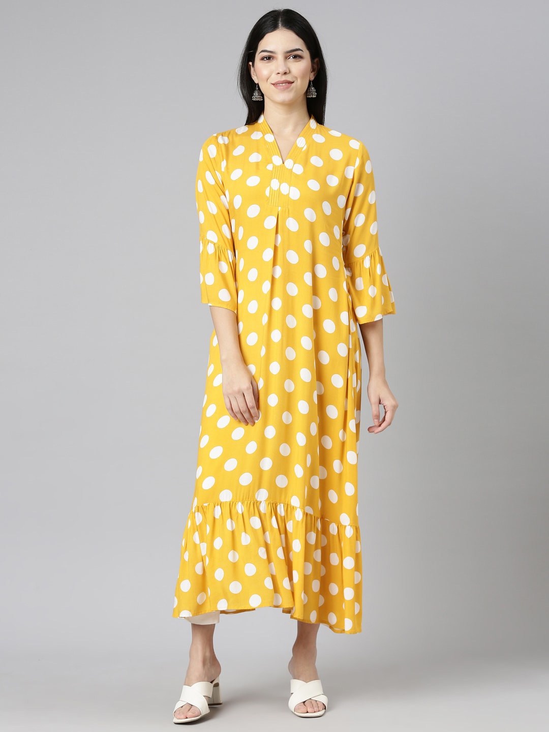 

Neerus Polka Dots Printed Pleated A-Line Kurta, Yellow