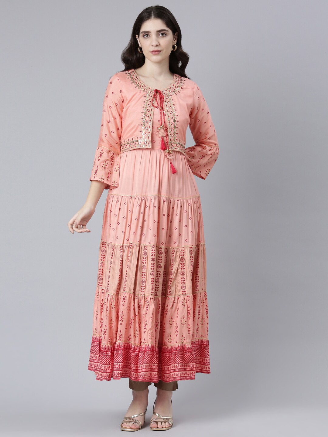 

Neerus Ethnic Motifs Printed Thread Work Tie-Up Neck Satin Anarkali Kurta, Peach