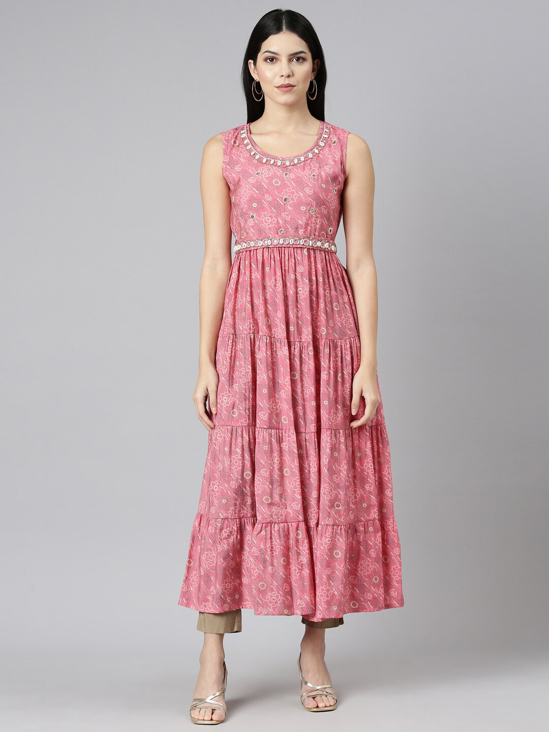 

Neerus Bandhani Printed Beads And Stone Work Cotton Anarkali Kurta With Belt, Rose