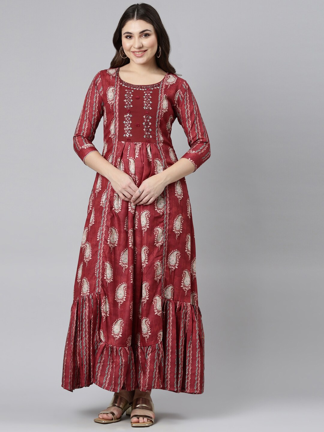

Neerus Ethnic Motifs Printed Embroidered Detail A-Line Maxi Ethnic Dress, Maroon