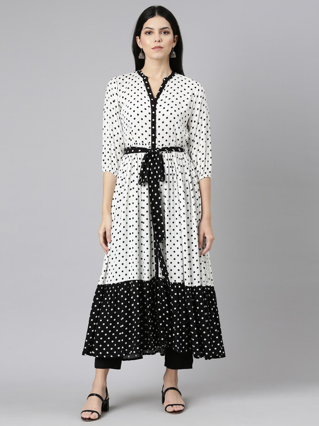 

Neerus Polka Dot Printed Mandarin Collar Anarkali Kurta, White