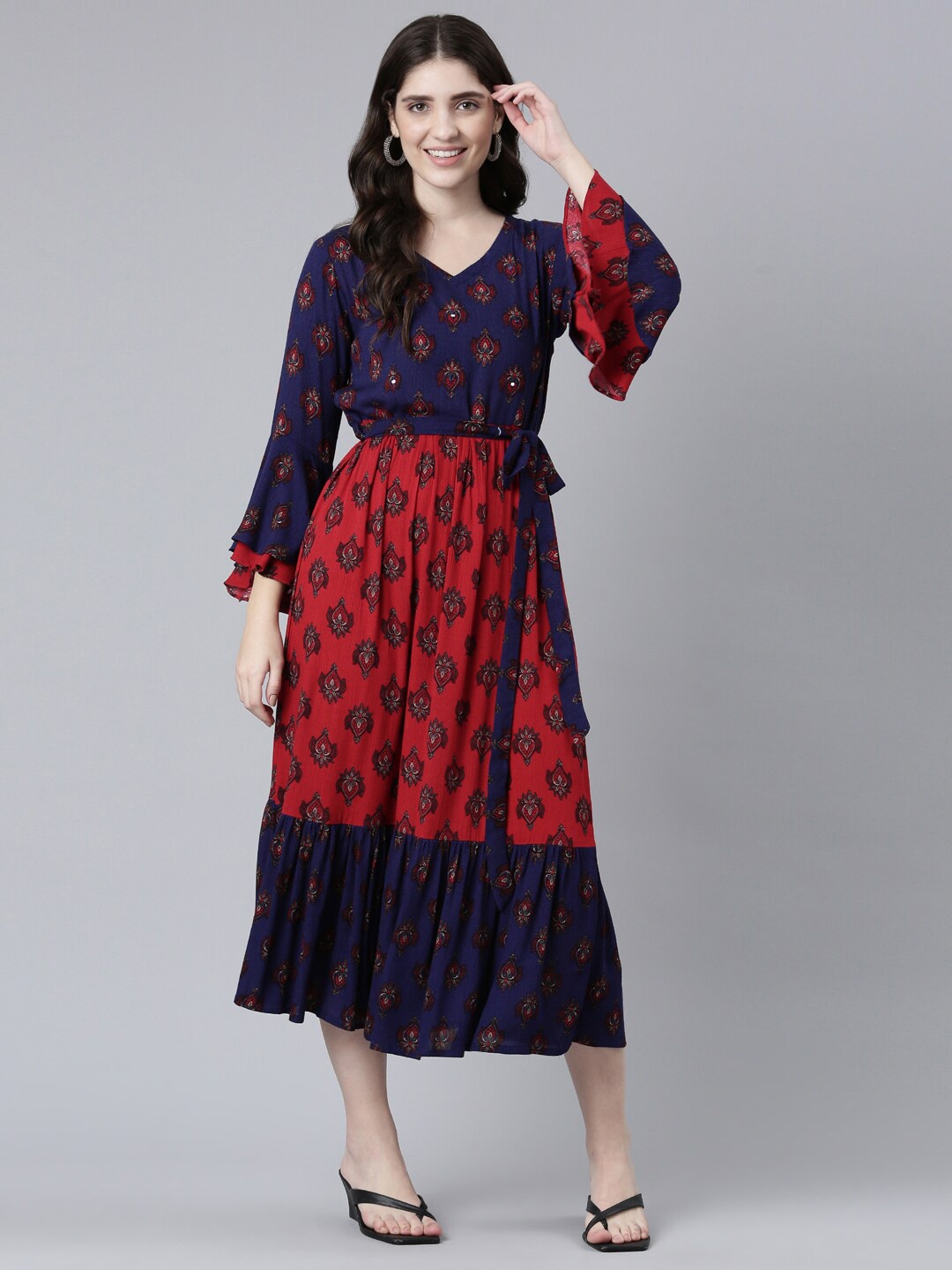 

Neerus Maroon Floral Printed Bell Sleeve Silk Fit & Flare Midi Dress